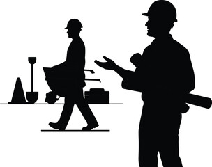 Silhouette construction worker pushing wheelbarrow and engineer holding blueprints, industrial labor teamwork illustration for building site, project planning and equipment use