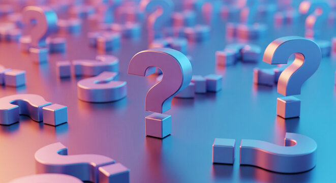 A 3D scene featuring metallic question marks scattered across a colorful reflective surface, creating a mysterious and thought-provoking atmosphere.