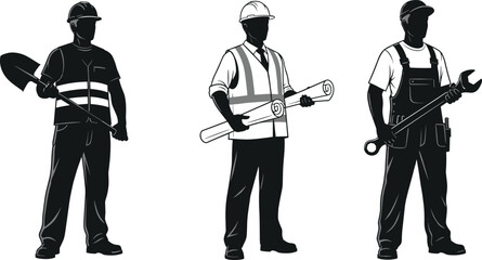 Silhouette construction worker with shovel, engineer holding blueprints, and mechanic with large wrench, industrial occupation illustration set for labor and engineering