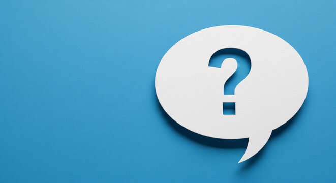 A white speech bubble with a question mark centered on a bright blue background, symbolizing inquiry and communication.