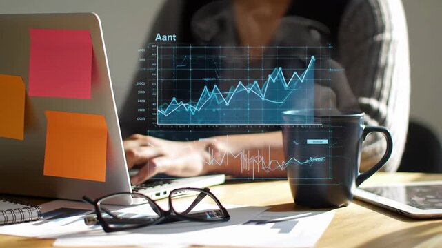 Close up workspace composition with laptop, eyeglasses and papers. A rising graph is displayed on the mug. Background has warm natural light illuminating wood desk.