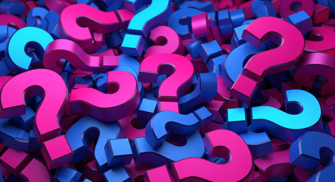 A colorful mix of large, stylized question marks in pink and blue, creating a vibrant and playful abstract background.