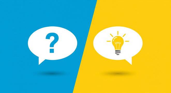 A split image featuring a blue speech bubble with a question mark on the left and a yellow speech bubble with a light bulb on the right.