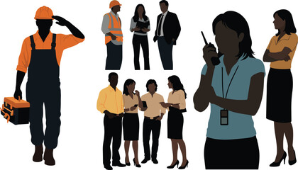 Silhouette construction workers and office professionals collaborating with tools, radios and clipboards, diverse workplace teamwork illustration, industry communication concept