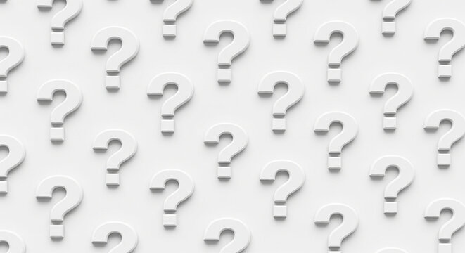 Repeated pattern of raised white question marks on a light gray background, creating a textured, abstract design.