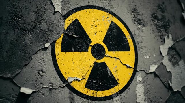 Yellow radiation symbol displayed on a cracked concrete wall, conveying risk, danger, and environmental pollution, hazard materials with damaged plaster.