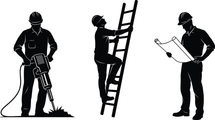 Silhouette construction workers drilling, climbing ladder, and reading blueprints, industrial labor illustration set, professional workforce, building engineering concept
