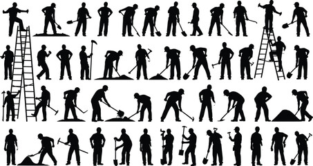 Silhouette construction workers performing various tasks with shovels, ladders and tools, labor workforce illustration set for industry, repair and building concepts
