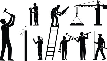 Silhouette construction workers using hammers, ladders, posts, tools and crane lifting load, industrial labor illustration set for building and repair work