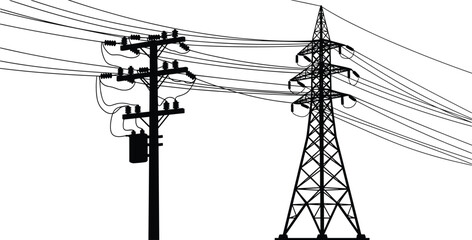 Silhouette electric power pole and high voltage transmission tower with cables, energy distribution illustration, utility infrastructure, electricity network concept