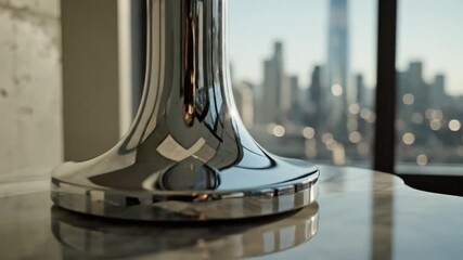 Modern Chrome Object Base on Reflective Table with Blurred City Skyline View from Window