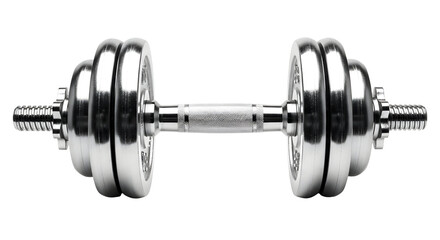 Close-up of a gleaming chrome dumbbell, showcasing its weight plates and adjustable design for fitness routines
