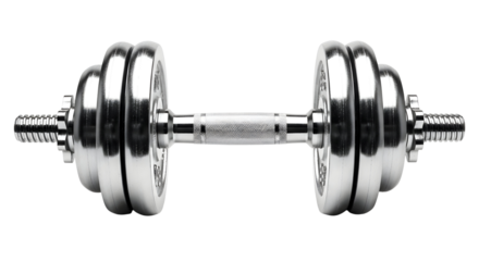 Close-up of a gleaming chrome dumbbell, showcasing its weight plates and adjustable design for fitness routines