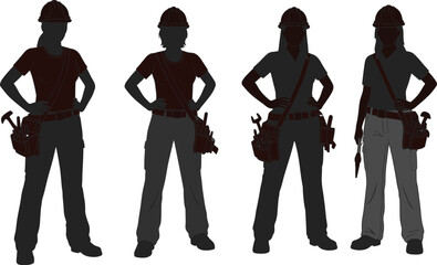 Silhouette female construction workers standing confidently, tool belts and hard hats, professional labor workforce illustration, engineering craftsmanship, industrial occupation concept