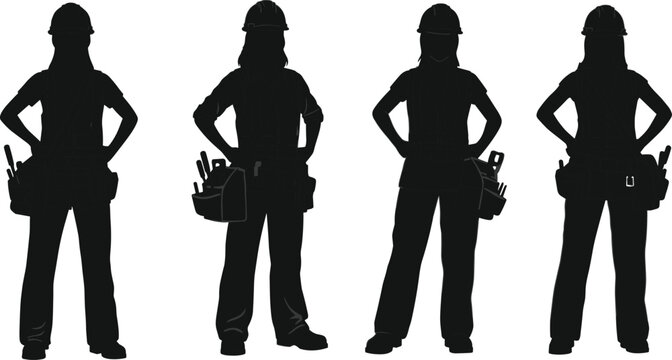 Silhouette female construction workers standing with tool belts and hard hats, industrial labor illustration set, professional workforce, engineering craft concept