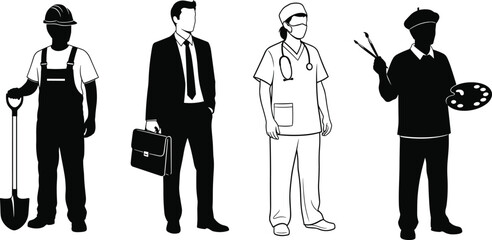 Silhouette professionals including construction worker, businessman, doctor, and artist, diverse occupation illustration, career roles, workforce concept, job industry design
