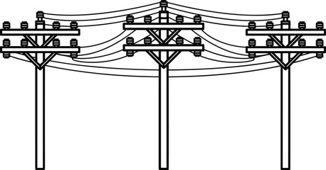 Silhouette utility poles with multiple overhead electrical wires, power distribution illustration, energy transmission network, infrastructure electric line vector design