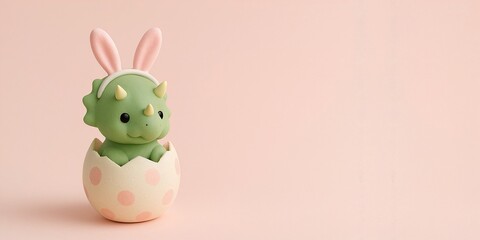 Cute baby triceratops with bunny ears sitting in spotted eggshell on pastel pink background. Adorable Easter toy dinosaur concept in minimal style.