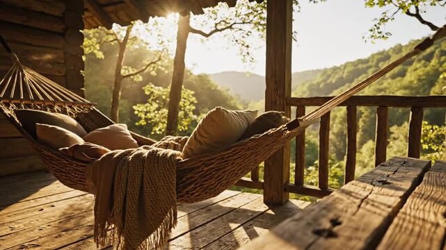 A cinematic, realistic scene of a detailed rustic wooden cabin porch overlooking a lush green forest valley. A cozy hammock adorned with soft cushions and blankets sways gently on the warm wooden
