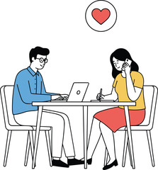 Couple working together at desk with laptop and phone, teamwork and communication illustration, love and relationship concept art
