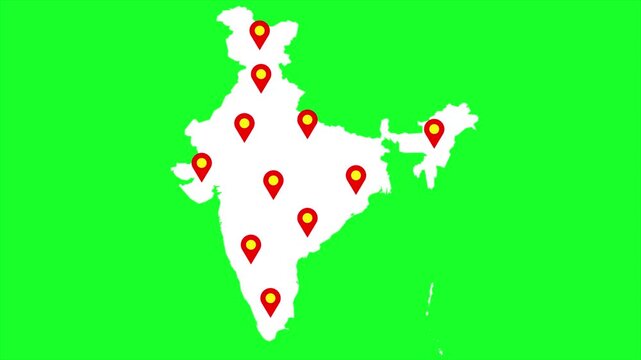 India map animated video. Country highlighted with multiple location markers on green screen background in video format.