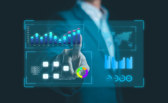 Business professional interacting with digital dashboard displaying analytics charts, big data visualization global network map, and performance metrics, representing modern technology, data analysis.