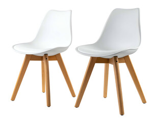 Two white modern molded shell chairs on wooden legs