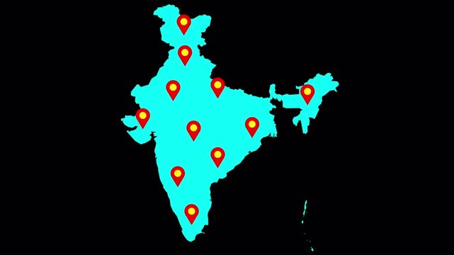 India map animated video. Country highlighted with multiple location markers on black background with alpha effect in video format