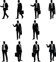 Businessman silhouettes in formal suits, professional male figures with briefcase, corporate leadership concept, walking and talking poses, vector illustration, success design