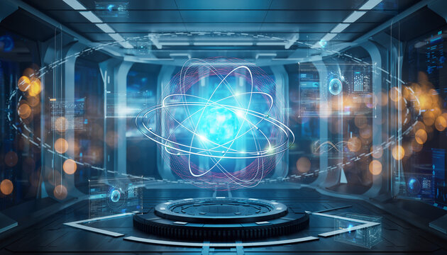 Futuristic laboratory or research station interior with a central glowing hologram of an atom or nucleus
