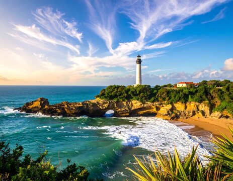 Coastal scene with a white lighthouse on a cliff, sandy beach, and clear blue sky