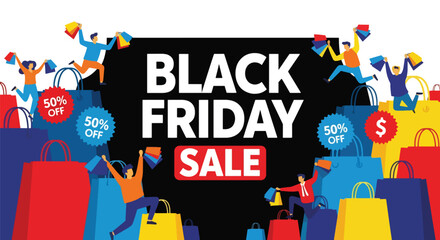 Flat vector illustration of huge Black Friday sale banner with shoppers, discount tags, balloons, and shopping bags. Solid bold colors, clean layout, no gradients, modern retail promotion scene