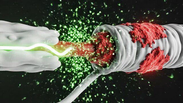 Dynamic medical illustration of damaged artery and heartbeat.