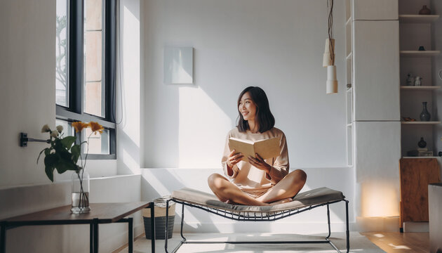 Young woman reading a book in a bright minimalist living room with natural sunlight.
