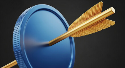 Golden arrow hitting the center of a blue coin target, representing accuracy, precision, and success in financial goals on dark background
