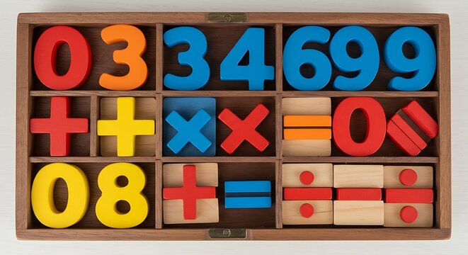 Colorful wooden math set with numbers and symbols on a wooden tray - Powered by Adobe