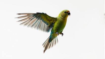 Green parrot in flight against a white background, wings spread wide.