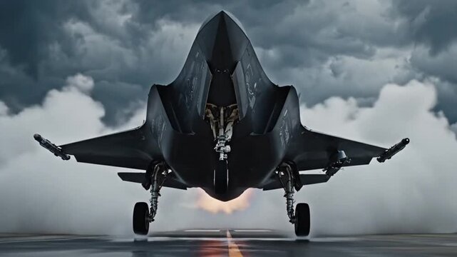  A powerful F-35 Lightning II fighter jet taking off from a runway, head-on angle, vapor clouds forming around wings, dramatic lighting, cloudy sky, cinematic slow motion