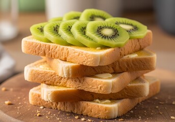 stack of toast with sliced kiwi on the top