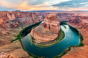 Horseshoe Bend Landscape with Cool Blue River Water and Red Cliffs