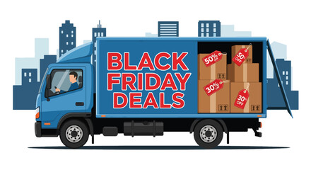 Flat vector illustration of delivery truck carrying sale packages with discount stickers. Solid bold palette, clean shapes, no gradients, fast shipping and e-commerce theme