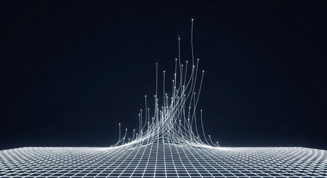 Abstract dark background with a network of white lines converging upwards, creating a sense of growth and connection the design evokes a technological feel