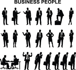 Business people silhouettes collection showing professional poses and corporate teamwork concepts for office presentation, workplace illustration, business communication and teamwork graphics