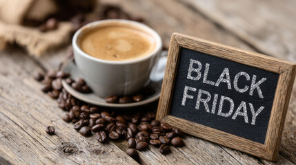 Cozy Black Friday sale promotion with coffee cup and beans on rustic wood. chalkboard sign announces special shopping discount for celebration