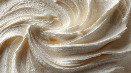 Delicious white creamy frosting background with rich swirl texture. decadent macro detail of sweet buttercream icing, smooth and delicious