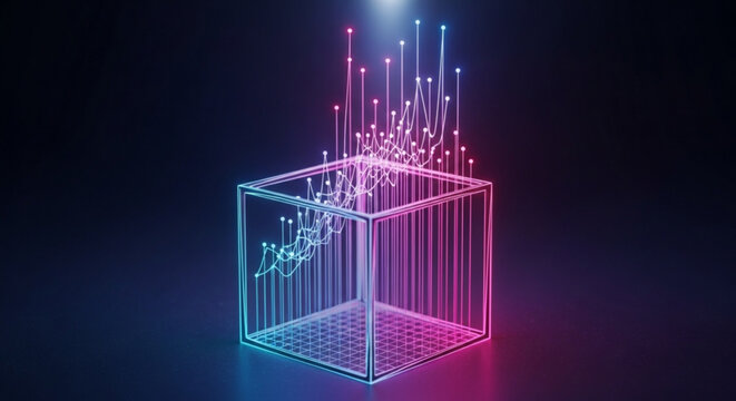 Neon cube with rising data lines, symbolizing data analysis, artificial intelligence, and the future of technology in a vibrant and dynamic visual