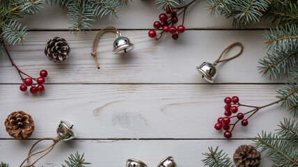 Festive Christmas border with pine, berries, bells and pinecones on wood