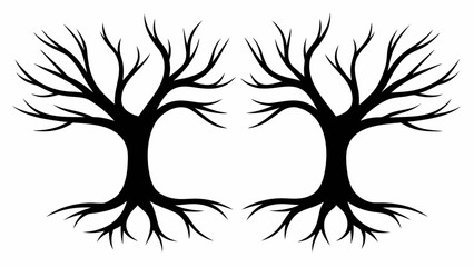 Obraz premium Twin bare trees silhouette creating a whimsical woodland frame, perfect for autumnal designs and nature-inspired projects needing a touch of rustic charm