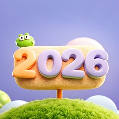 Happy cartoon green frog vector illustration, a new ecology concept and nature design with a leaf, bio symbol, and the number 2026