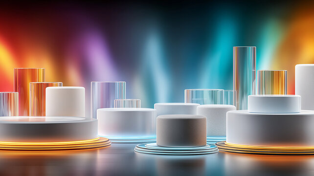 Colorful abstract scene with cylinder podiums and vibrant gradient background, featuring soft lighting and futuristic atmosphere. arrangement creates sense of depth and dimension